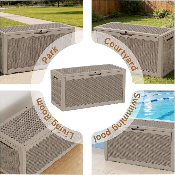 Vixzen 121 Gallon Waterproof Large Deck Box, Lockable Resin Outdoor Storage Box with Hydraulic Lid, Durable Storage Bin for Patio Furniture Cushions, Garden Tools, Pool Accessories, Grey