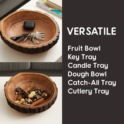 Tapeera Wood Fruit Bowl for Kitchen Counter - Large Decorative Key Tray for Entryway Table - Wooden Holder Basket for Candy and Office (10.5 Inch)