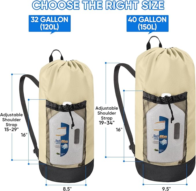 BALEINE 150L Laundry Bag Backpack, 900D Oxford Fabric Large Travel Laundry Bags with Shoulder Straps and 2 Mesh Pockets for College Dorm, Apartment, Laundromat (Beige, 150L)