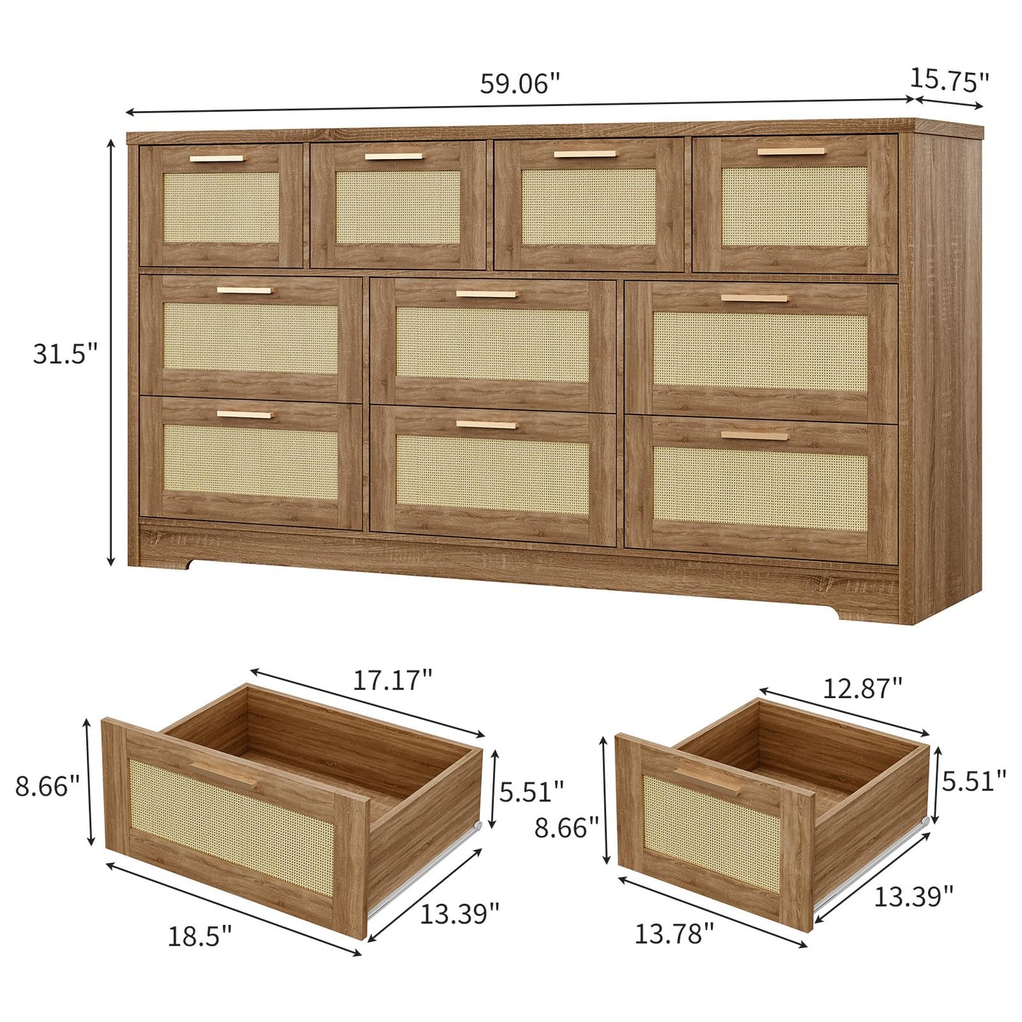 GarveeLife 10 Drawer Dresser for Bedroom, 59 in Farmhouse Rattan Dressers & Chests of Drawers, Wooden Storage Organizer with Anti-Tipping Device for Living Room, Hallway, Entryway, Natural