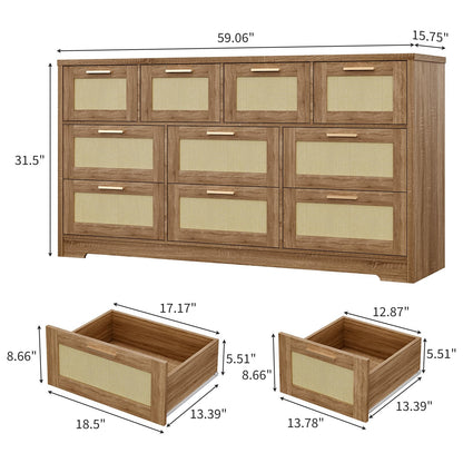 GarveeLife 10 Drawer Dresser for Bedroom, 59 in Farmhouse Rattan Dressers & Chests of Drawers, Wooden Storage Organizer with Anti-Tipping Device for Living Room, Hallway, Entryway, Natural