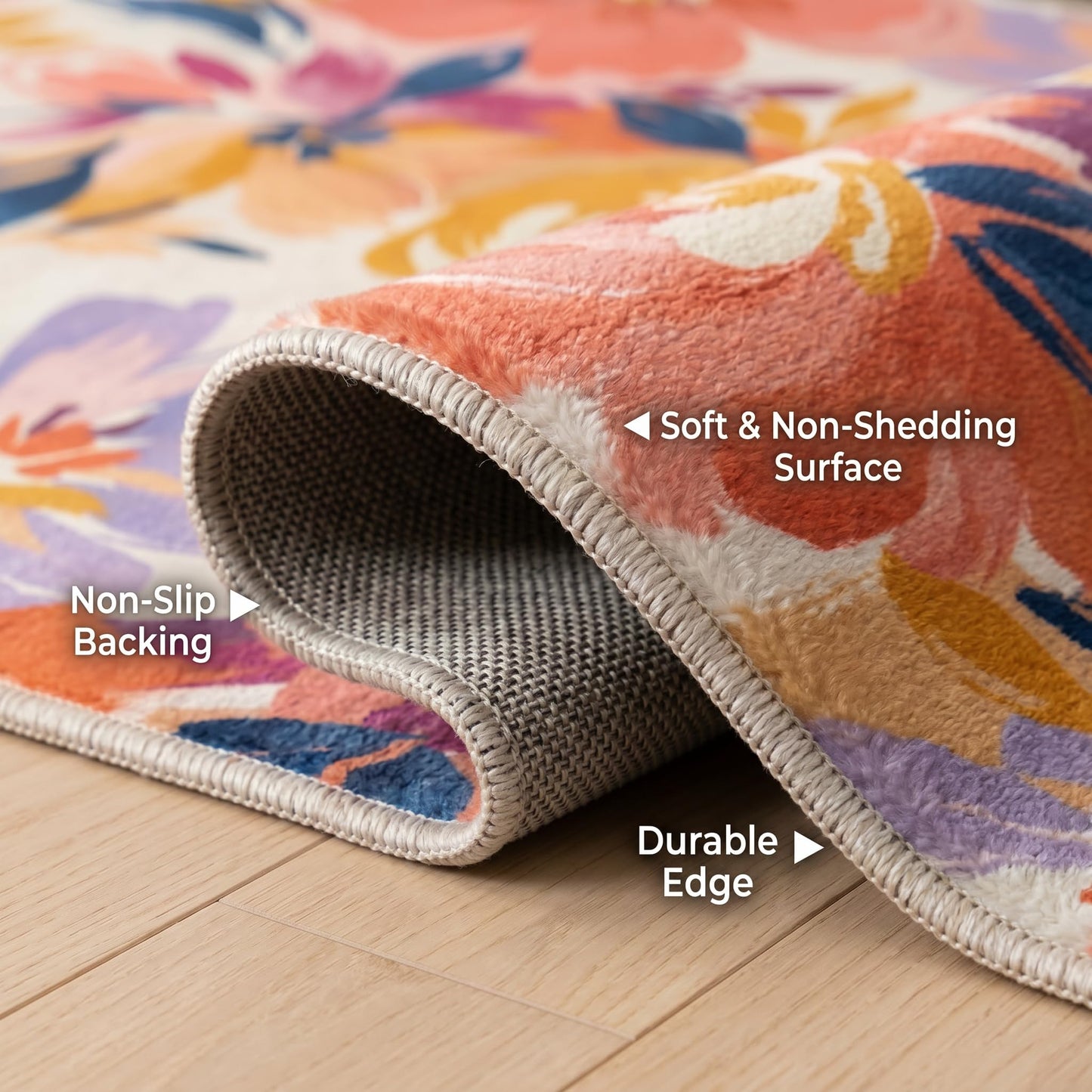 GraceSway 3x5 Washable Area Rug, Colorful Watercolor Floral Botanical Rug, Ultra Soft Faux Cashmere Low Pile Accent Carpet, Non Slip Foldable Pet Friendly Mat for Bedroom, Living Room, Girls Nursery