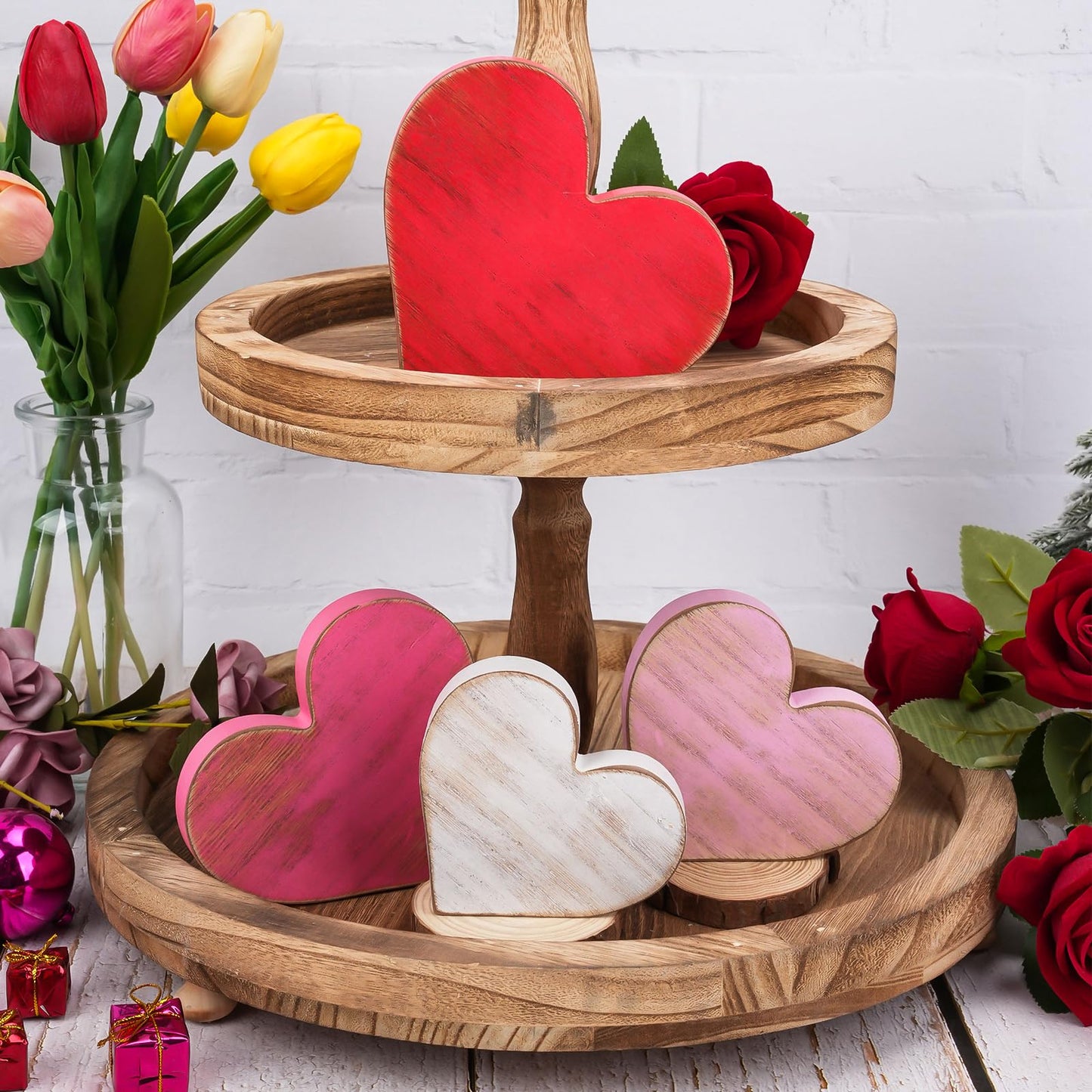 COCHIE Wooden Hearts Valentines Decorations Indoor, Wood Heart Blocks Tiered Tray Decor Set of 4, Red Pink White Valentine Decoration for Home Party Office Shelf Door (Retro)