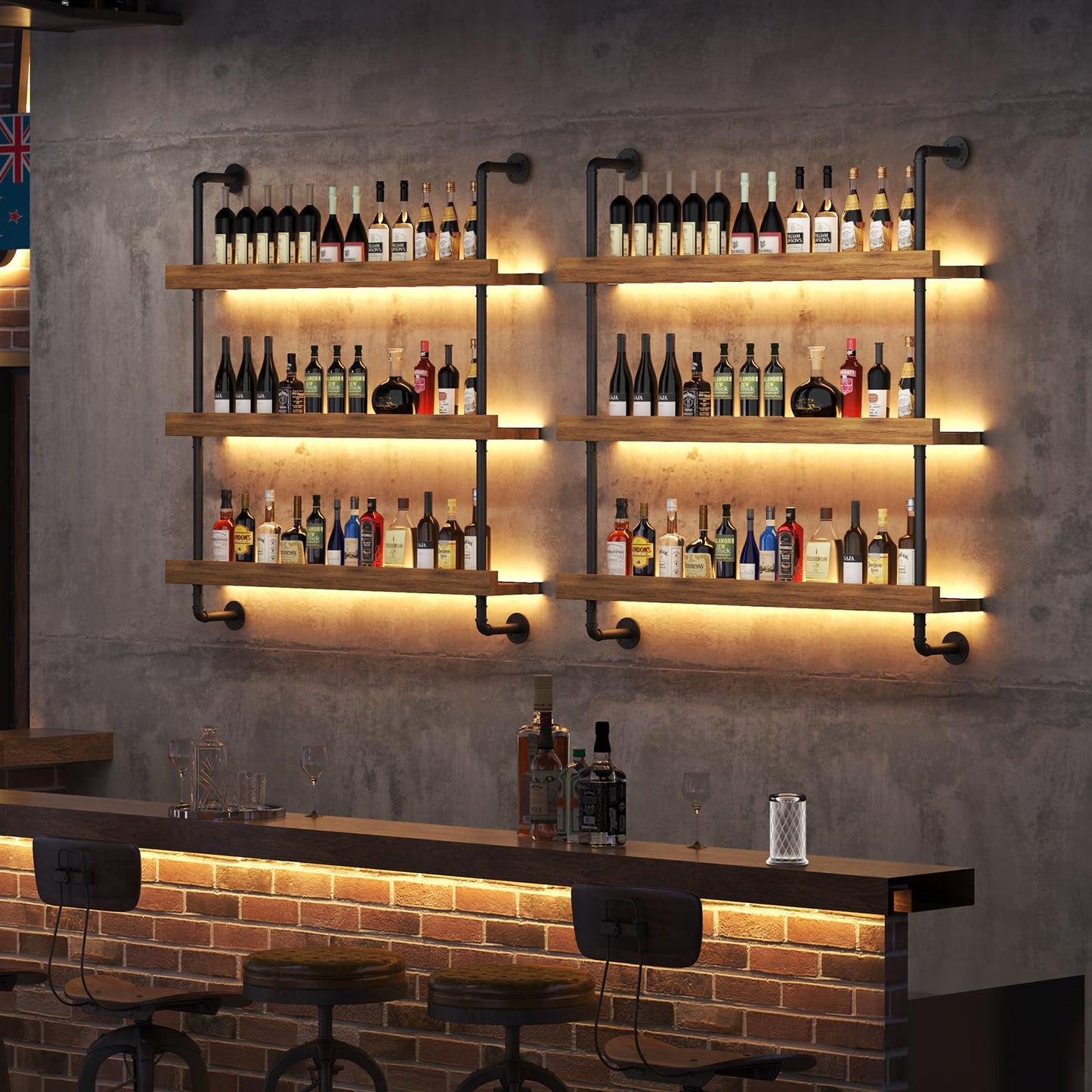 Dresgor Large Wine Rack Wall Mounted with LED Light, Solid Wood Bar Shelves Wall Mounted, 3-Tiers Liquor Bottles Floating Shelves Display Storage Organizer for Home Bar, Dining Room (47.2 inch)