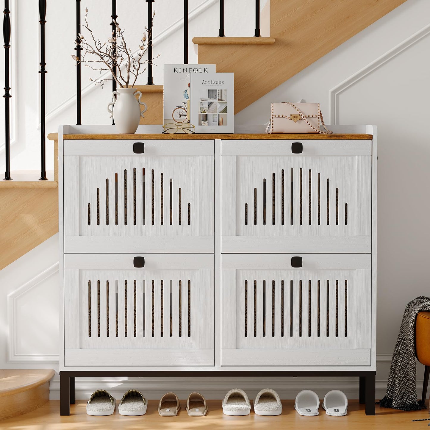4-Door Flip Front Shoe Cabinet with Adjustable Shelves – Hidden Entryway Storage Organizer for Hallway, Foyer, Living Room – Freestanding Wooden Shoe Rack with Large Capacity & Modern Design, White