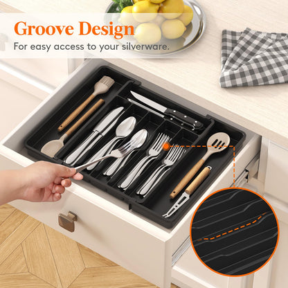 Lifewit Silverware Drawer Organizer, Expandable Utensil Tray for Kitchen, BPA Free Flatware and Cutlery Holder, Adjustable Plastic Storage for Spoons Forks Knives, 8.5"-14.1" x 12.1", Black