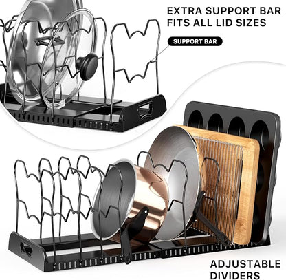 Simple Houseware Expandable Pan Organizer Rack, 10 Adjustable Compartments, Black - Kitchen Cabinet Organizer for Pots, Pans, Lids & Bakeware - Pantry & Countertop Storage