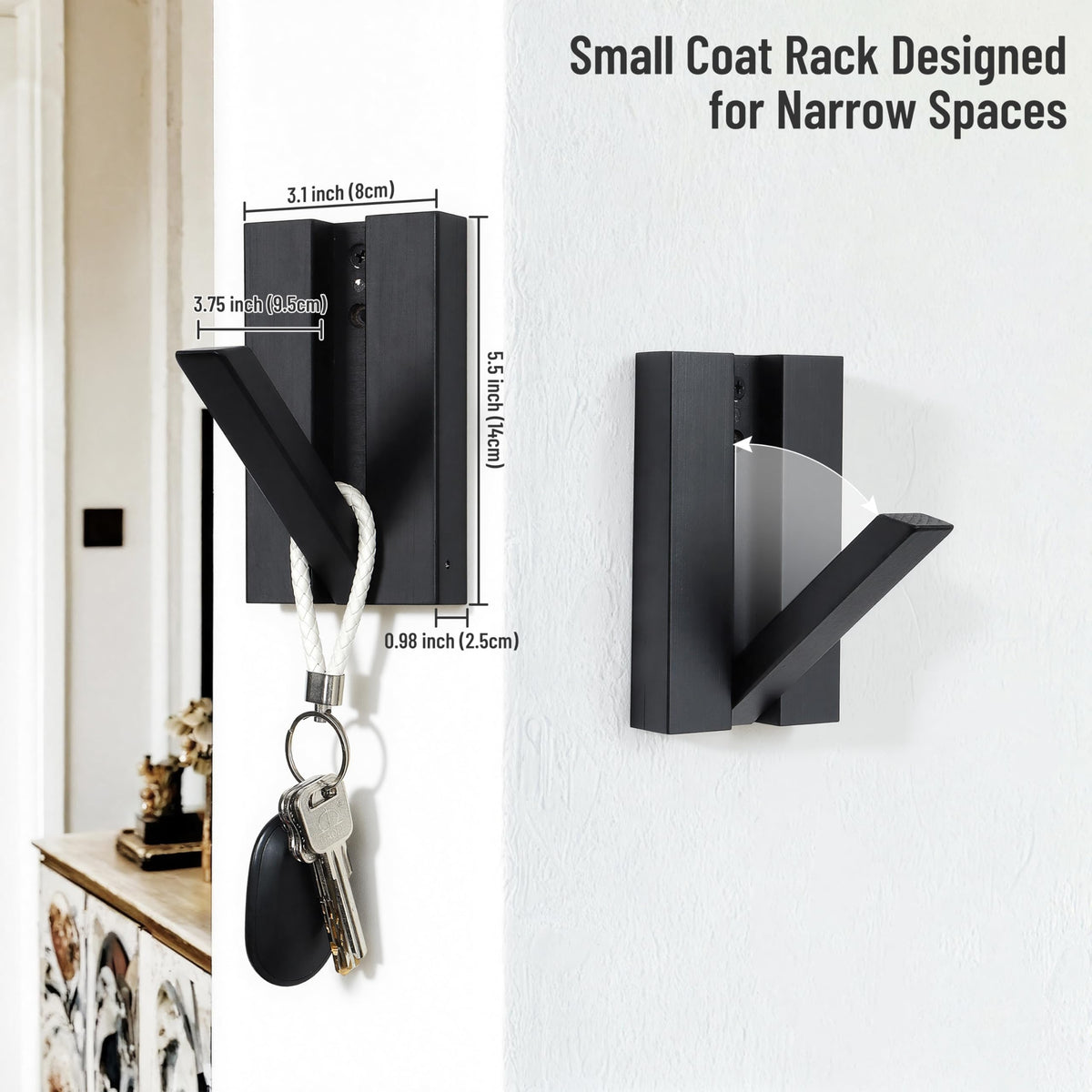 KYIAANY Folding Wall Hooks 2Pack: Black Modern Wooden Coat Hooks Mount for Heavy Duty Hanging Towels Backpack Bags Hats, Space Saving Minimalist Decorative Entryway Hanger for Aesthetic Homeowner