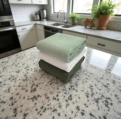 Sage White Dark Green Kitchen Hand Dish Towels: Oversized 28" x 18", 100%