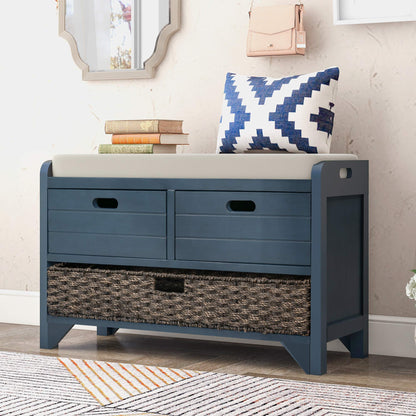 Brisca Wood Storage Bench with 1 Removable Basket and 2 Drawers,Fully Assembled Shoe Stool,W/Removable Cushion,for Hallway,Entryway,Bedroom,Living Room,Navy