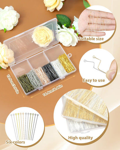 FIVEIZERO 900 PCS Eye Pins for Jewelry Making & Beading, Metal Loop Pin Findings for DIY Earrings, Necklaces, Bracelets, Pendants, Charms, Jewelry Craft Supplies (2 Inch/50mm, 6 Colors)