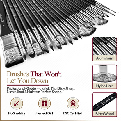 Flow & Hue 25 Pce Professional Paint Brush Set – Acrylic, Watercolor, Oil & Gouache - 9 Brush Shapes (Flat, Round, Filbert, Fan, Angle, Liner) + Palette Knife & Waterproof Canvas Roll Case for Artists