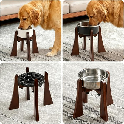 Elevated Bowl Stand Set 12-inch with Heavy Duty Beech Wood Made, Anti-Vomit Design for Medium Breed, Senior Dogs, Ergonomic Neck Protecting, Adjustable Diameter, Easy Clean Non Toxic
