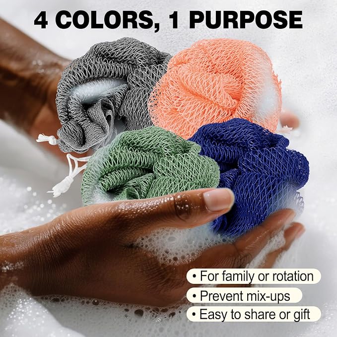 African Net Sponge Authentic-4 Packs African Exfoliating Net Sponge,Bath Sponges for Shower,42 inch Long for Normal to Sensitive Skin, for Daily use, Body Exfoliator Shower (Green,Pink,Blue,Grey)