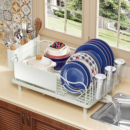 Dish Drying Rack Large Capacity - Stainless Steel Dish Rack for Kitchen Counter with Drain Board, Rustproof Dish Drainer with Auto Drain Spout, Utensil Holder & Glass Holder, Dinnerware Organizer