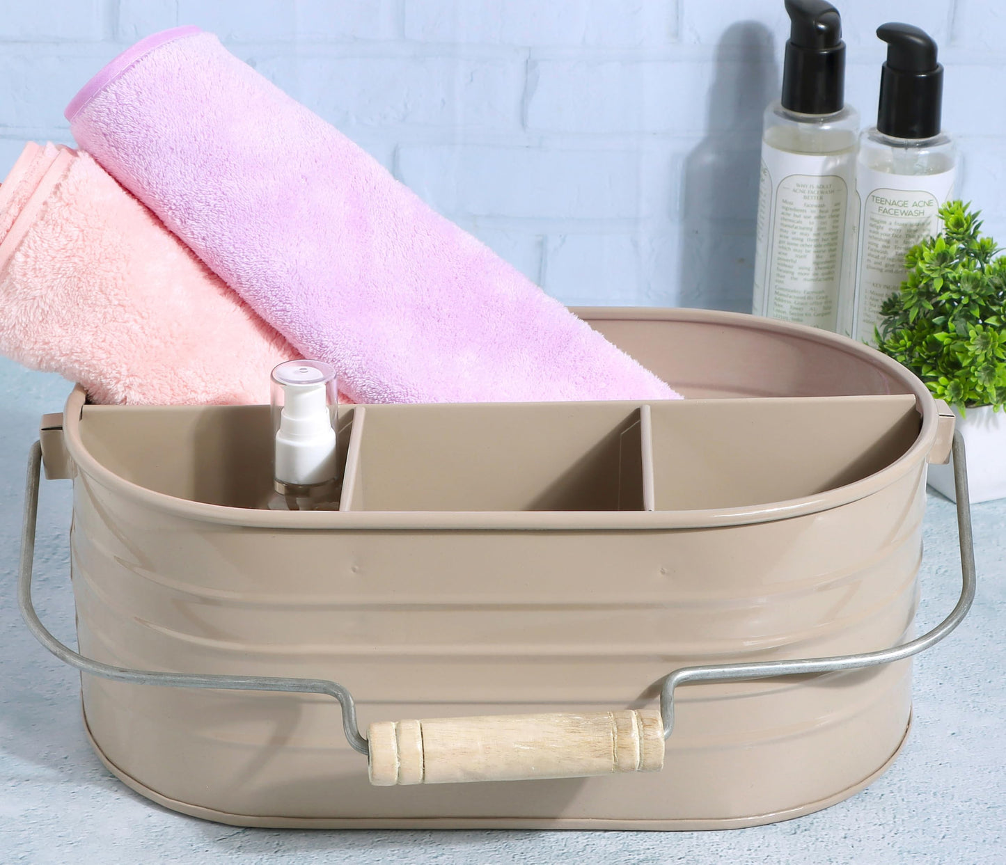 Alpha Living Home Multi-Functional Utensil Caddy – 4-Compartment Organizer for Kitchen, Party & Office – Durable Beige Powder-Coated Iron Alloy with Wooden Handle