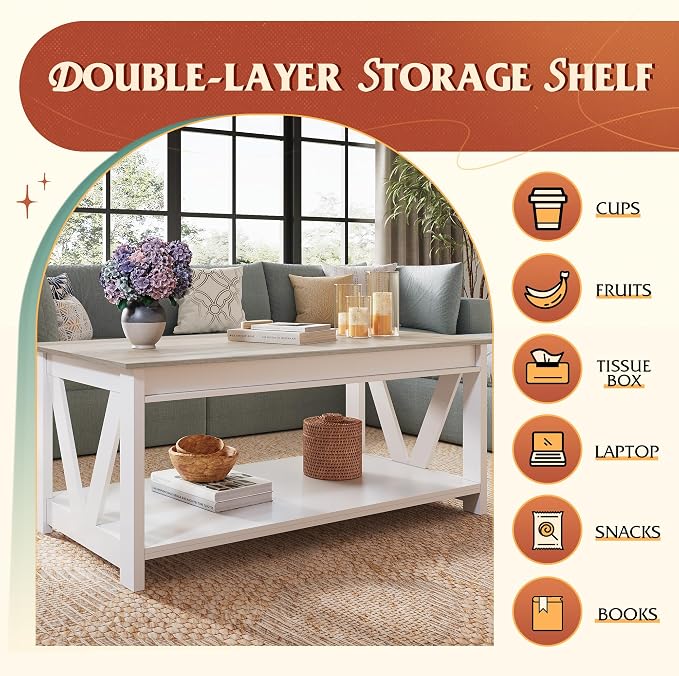 WLIVE Coffee Table, 43" Farmhouse Coffee Table with Storage Shelf & Sturdy V-Shaped Support, Wood Center Table for Living Room, Bedroom, Office and Balcony, White