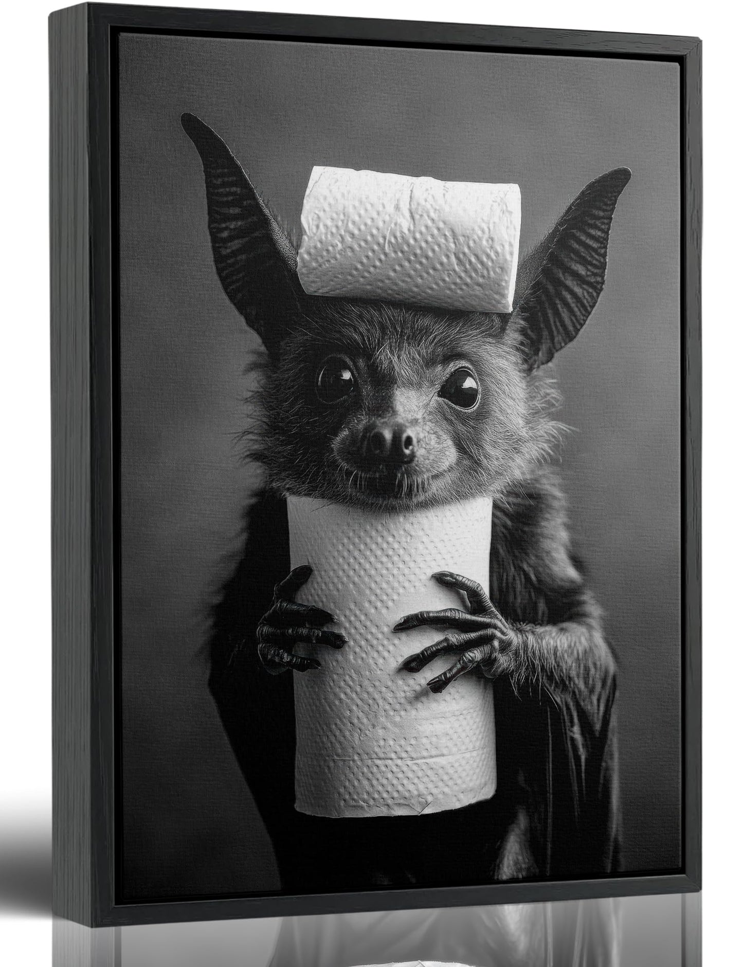 Funny Bat Bathroom Framed Wall Art, Black and White Cute Bat with Toilet Paper Wall Decor, Humorous Animal Bathroom Canvas Print for Restroom, Powder Room, Toilet, Home Decoration 8x10 Inch