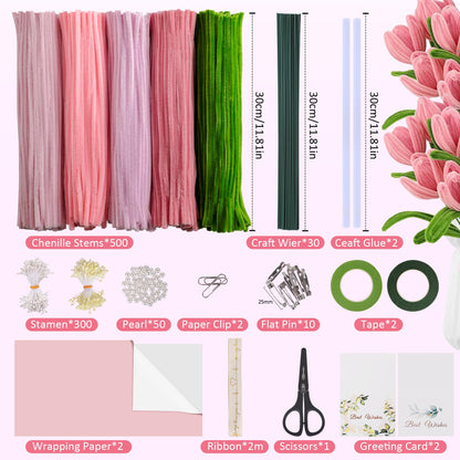 EARLY MINDS 500 Pcs Pipe Cleaners Craft Kit for Flower Making, DIY Bouquet Set with 8mm Chenille Stems, Step-by-Step Tutorial, Floral Wire, Ribbon & Tools for Handmade Gifts and Decor, Pink
