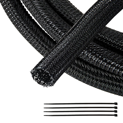 RED WOLF 1/4” x 10FT Cable Sleeves Cord Management Braided Wire Loom Sleeving Protector Wiring Cable Cover Flexible Self-Wrap for Automotive Home Office Anti-Scratch High-Temperature Black