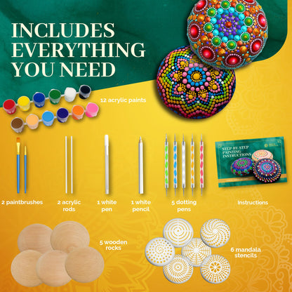 Mandala Rock Painting Kit – Mandala Dotting Tools Set - 5 Large Wooden Rocks + 6 Stencils + Acrylic Paints - Relaxing Arts and Crafts for Adults Women - DIY Hobbies Art and Projects Dot Art Kit