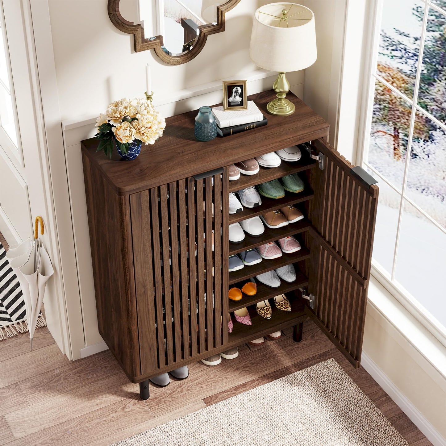 Tribesigns Farmhouse Shoe Cabinet with Shutter Doors, Large 6-Tier Wooden Shoe Organizer Rack with Adjustable Shelves, Modern Hidden Storage Furniture for Entryway, Hallway (Dark Walnut)