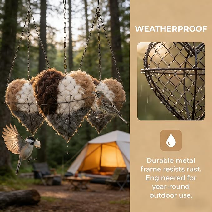 Handmade Alpaca Fiber Bird Nesting Heart with 4 Refill Bags, Reusable Nesting Material Accessory for Wild Birds, Outdoor Garden Decoration, Gift for Bird & Nature Lovers (2 Sets)