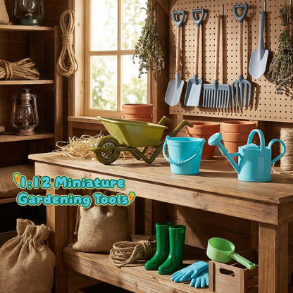 1:12 Scale Miniature Dollhouse Garden Tools Set, Mini Plastic Gardening Kit with Shovel, Rake, Hoe & Watering Can for Fairy Garden, Micro Landscape & DIY Craft Decoration