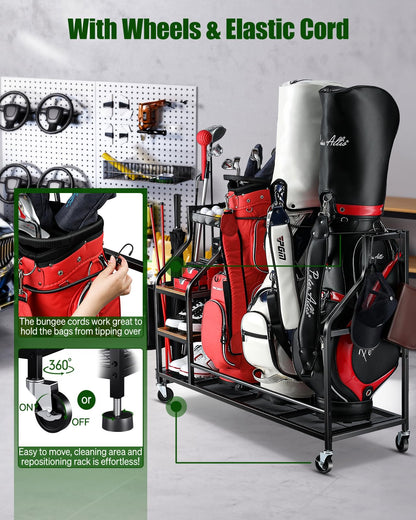 FHXZH Golf Bags Storage Garage Organizer Golf Bag Stand for Golf Bags, Clubs, Balls, Golf Equipment Accessories, Golf Bag Storage Rack with Wheels for Garage, Club, Basement (3 Golf Bag Organizer)