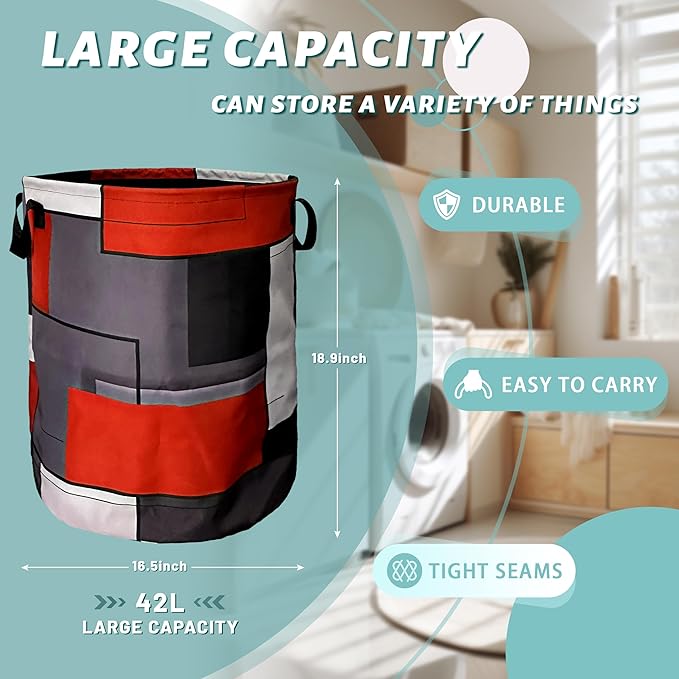 Red Grey Geometry Laundry Basket Foldable