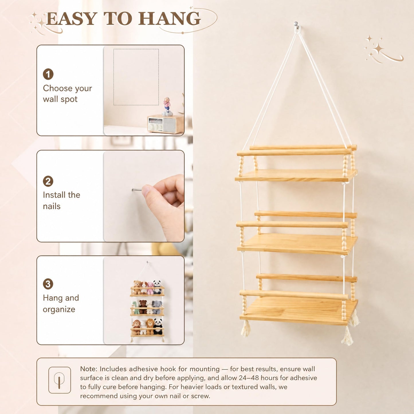 Novabright 3 Tier Stuffed Animal Storage Organizer Adjustable Hanging Plush Toy Display Shelf Boho Stuffy Hammock Storage Wooden Floating Shelf for Nursery Playroom Kids Wall Door Room Decor