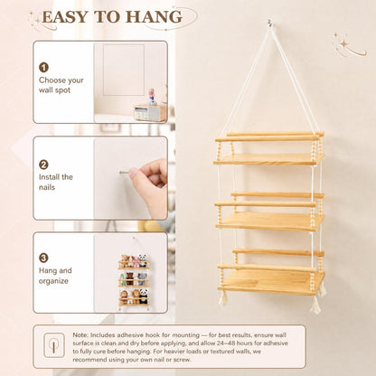 Novabright 3 Tier Stuffed Animal Storage Organizer Adjustable Hanging Plush Toy Display Shelf Boho Stuffy Hammock Storage Wooden Floating Shelf for Nursery Playroom Kids Wall Door Room Decor