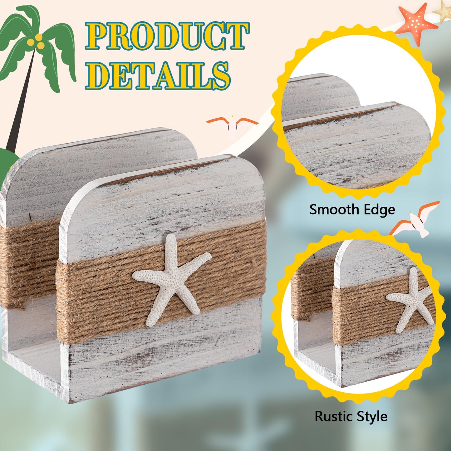 Fiwochic Natural Wooden Napkin Holder, Farmhouse Napkin Holders Upright Wooden Tissue Dispenser for Kitchen Dining Room Table Decor Indoor & Outdoor Use (Beach Style,White)
