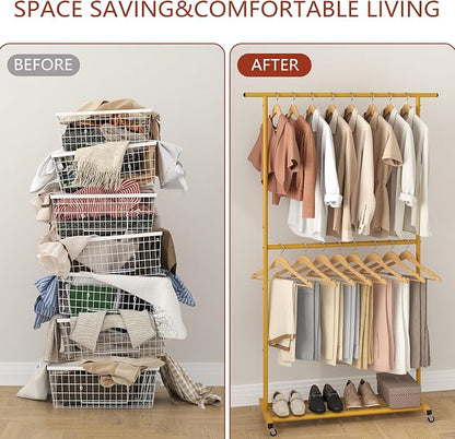 Sywhitta Double Rod Clothing Garment Rack, Rolling Coat Hanger with Bottom Mesh, Clothing Rack for Hanging Clothes, Coats, Skirts, Sweaters, Gold