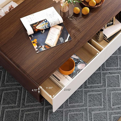 POVISON Modern Coffee Table with 4-Drawer, 51 inch Rectangle Coffee Table for Living Room,Full-Assembled, Walnut and White