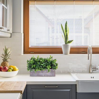Winlyn Artificial Eucalyptus Plant in Rustic Rectangular Wooden Planter Box Faux Potted Herb Plant Greenery Arrangement for Farmhouse Indoor Wedding Table Centerpiece Mantel Shelf Kitchen Decor