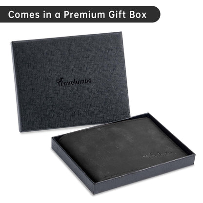 Real Leather Mens Bifold Wallet RFID Blocking Slim Minimalist Front Pocket - Thin & Stylish with ID Window in Gift Box (Crazy Horse, Black)