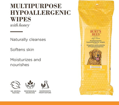 Burt's Bees for Pets Honey Multipurpose Dog Grooming Wipes, Gentle Hypoallergenic Spot Cleaning Sheets, pH Balanced Natural Origin Formula for Paws, Face and Butt, 50 Count - 2 Pack