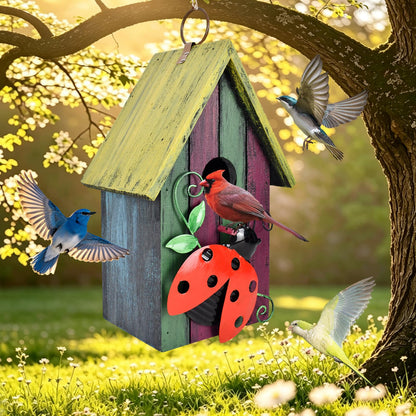 Wooden Decorative Birdhouse Hanging Bird House Hand Painted Birds Box Outdoor Garden Decor Bird Feeder for Finch Hummingbird Cardinals Bluebirds Sparrows Chickadees (Ladybug)