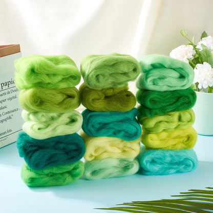 Beadthoven 15 Colors Felting Wool Roving Gradient Color Needle Felting Wool Roving Yarn Fiber Spinning Wool Roving for Needle Felting, DIY Hand Spinning, Wet Felting, DIY Craft Green 75G