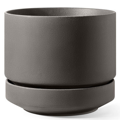 LE TAUCI 14 Inch Large Plant Pot with Saucer, Ceramic Outdoor & Indoor Big Planter with Drainage Hole, Mesh Pad Included, Unglazed Porous, Modern for Home and Patio, Charcoal Gray