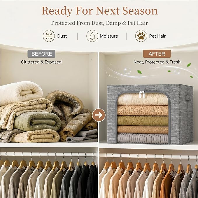 GoMaihe Clothes Storage Bin with Metal Frame: 6-Pack Stackable Closet Storage Bin with Lid & Clear Window, Sweater Boxes Storage for Closet Bedding Clothing Storage Organizer 40L