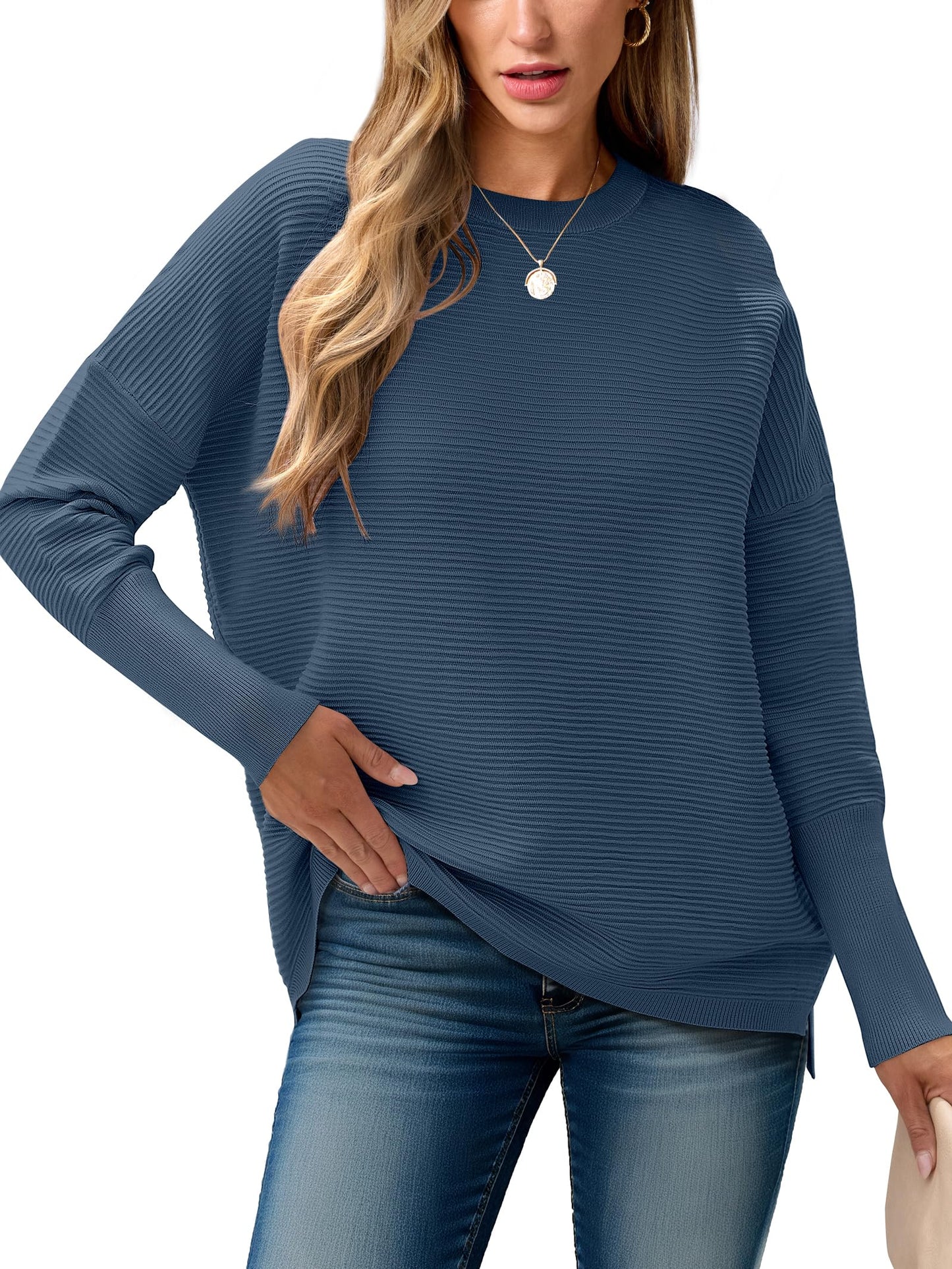 ANRABESS Womens Oversized Batwing Long Sleeve Ribbed Knit Sweaters 2025 Fall Outfits