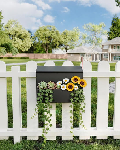 Wall-Mount Mailbox for Outside, Large Capacity Rust-Proof Mail Box with Planter & Red Flag Kit, Galvanized Steel Weather-Resistant Post Box for House Outside, 14.2"x8.2"x10.6", Black