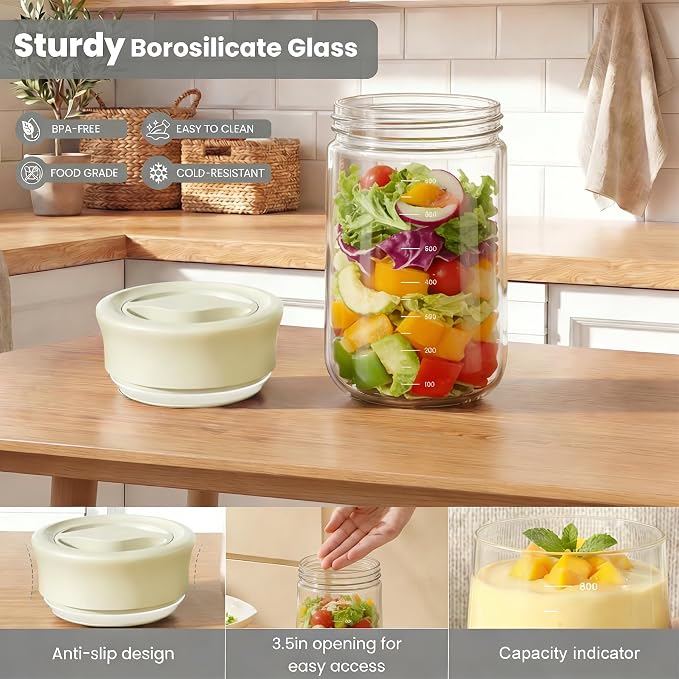 Overnight Oats Containers with Lids, 2 Pack 27oz Glass Jars with Airtight Lids, Wide Mouth Mason Jars, Food Coffee Bean Storage Containers for Yogurt, Chia Pudding, Snack, Salad(Yellow+Beige)