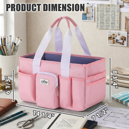 Jjring Craft Organizer Tote Bag, Portable Art Caddy with Adjustable Divider&Secure Zipper Pocket, Large Foldable Storage Tote for Scrapbooking, Sewing, Artist and Home(Pink)