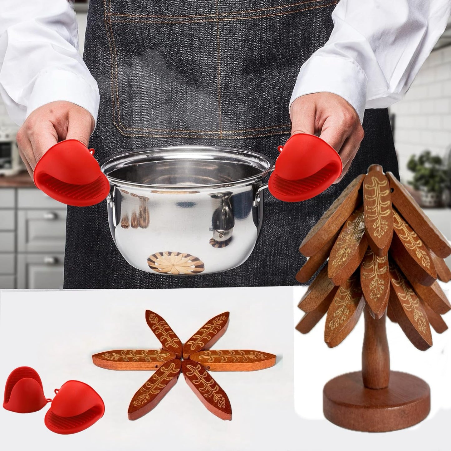 Wooden Trivets for Hot Dishes, Tree Shape Trivet Set, 4 Walnut Wood + 1 Stand stored Like a Christmas Tree,Foldable Kitchen Wooden Trivet,for Hot Dishes、Pot、Bowl、Teapot(Walnut Wood), Non-Slip Design