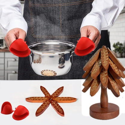 Wooden Trivets for Hot Dishes, Tree Shape Trivet Set, 4 Walnut Wood + 1 Stand stored Like a Christmas Tree,Foldable Kitchen Wooden Trivet,for Hot Dishes、Pot、Bowl、Teapot(Walnut Wood), Non-Slip Design