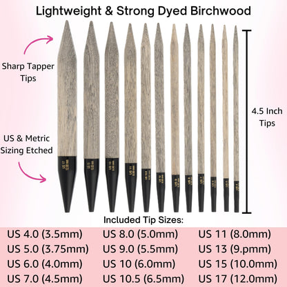 Lykke Driftwood 5 in. Complete Set US 4, 5, 6, 7, 8, 9, 10, 10.5, 11, 13, 15, 17 Interchangeable Circ. Knitting Needles for DK, Worsted, Super Chunky Yarn, Birch, 5 Cords, Grey DM Case, Project Bag