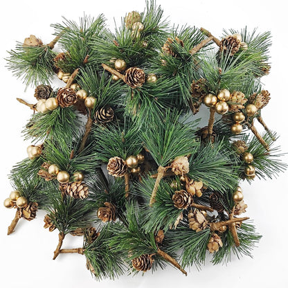 TIHOOD 25PCS Artificial Pine Picks, Pine Needles Branches with Gold Berry Stems, Small Fake Berries Pinecones Branches for Crafts Christmas Tree DIY Garland Holiday Wreath(Gold)